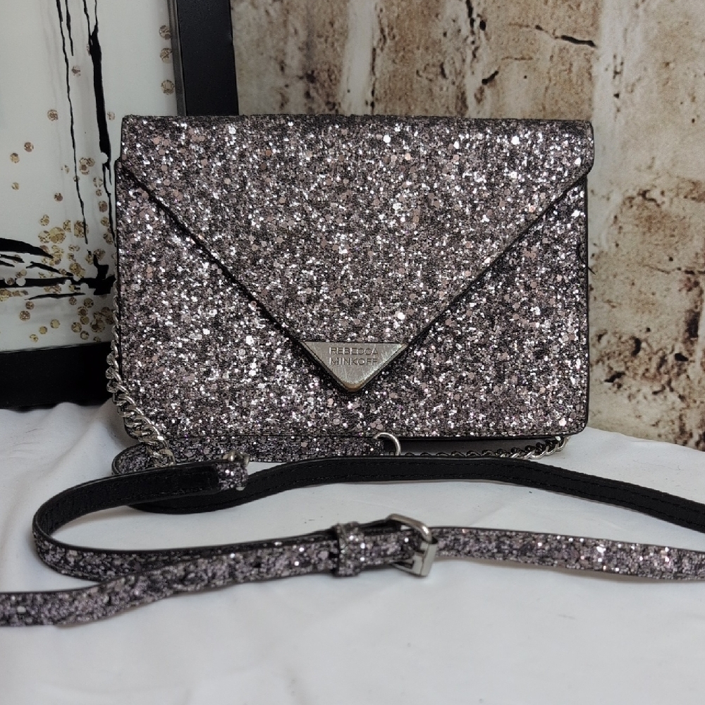 Rebecca Minkoff Molly Glitter Leather Crossbody Clutch Bag in silver. 
